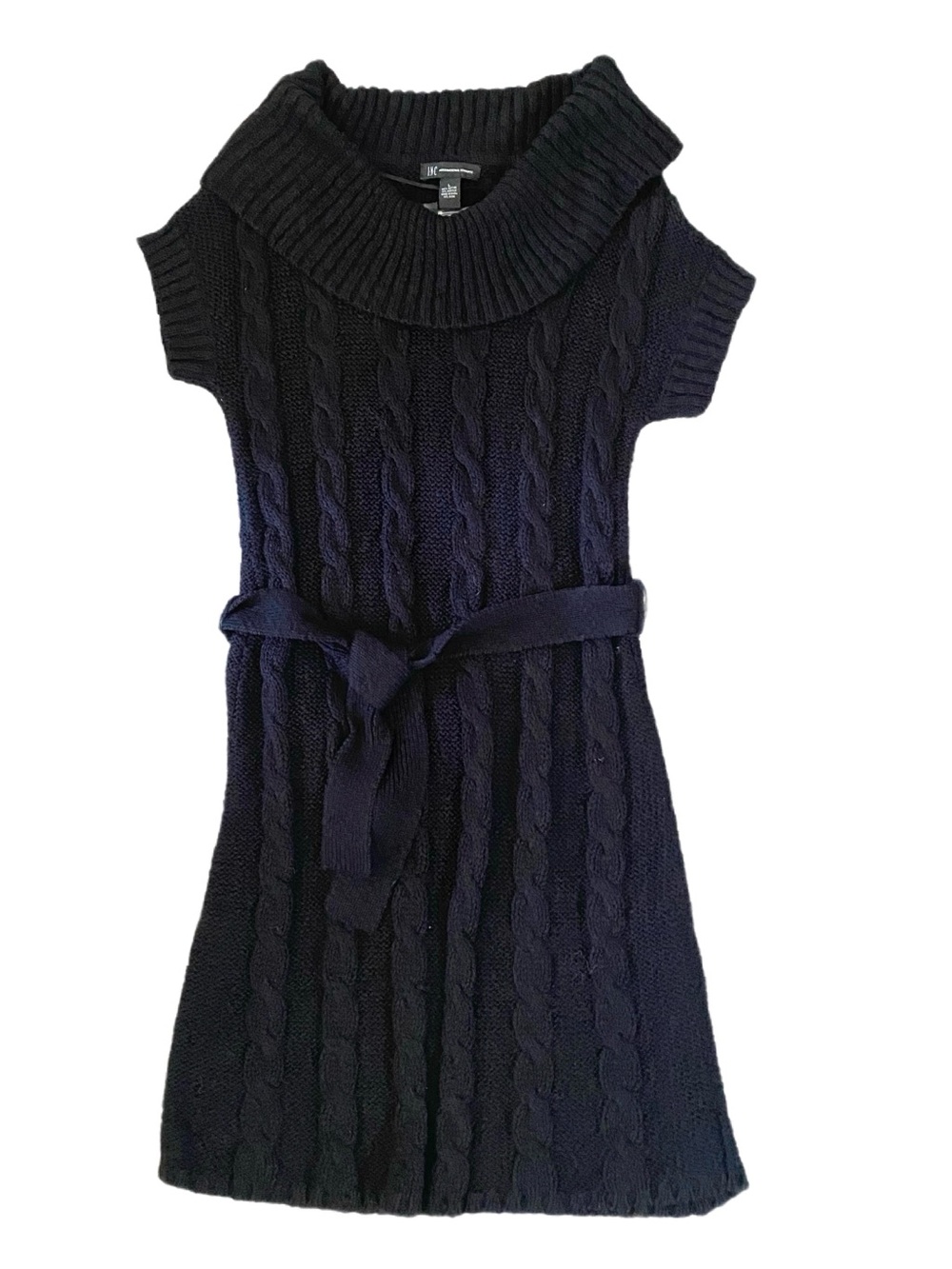 INC NWT Black Cable Knit Cowl Neck Belted Sweater Dress L